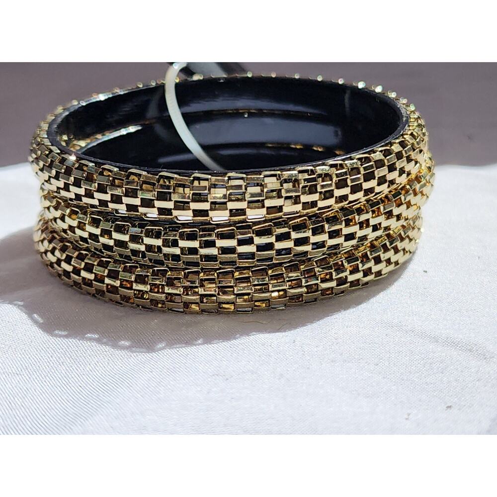 Set Of 3 Gold Tone Metal Textured Bangel Bracelets Bangles Minimalist Black